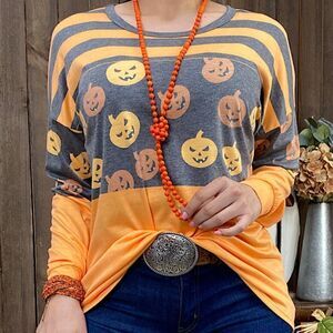 New Halloween Striped Pumpkin Print Long Sleeve
